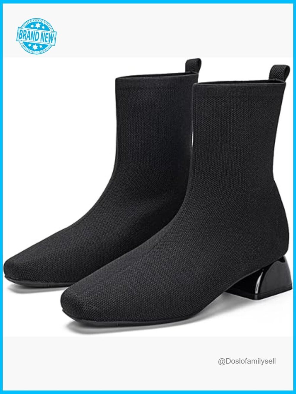 Ankle Boots Low Heel Square Toe Sock Knit Chunky Winter Slip On Shoes